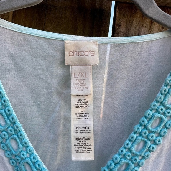 Chicos Aqua Dyed Lace-Detail Embroidered Hem Poncho Style Slouchy Tunic - Picture 6 of 11